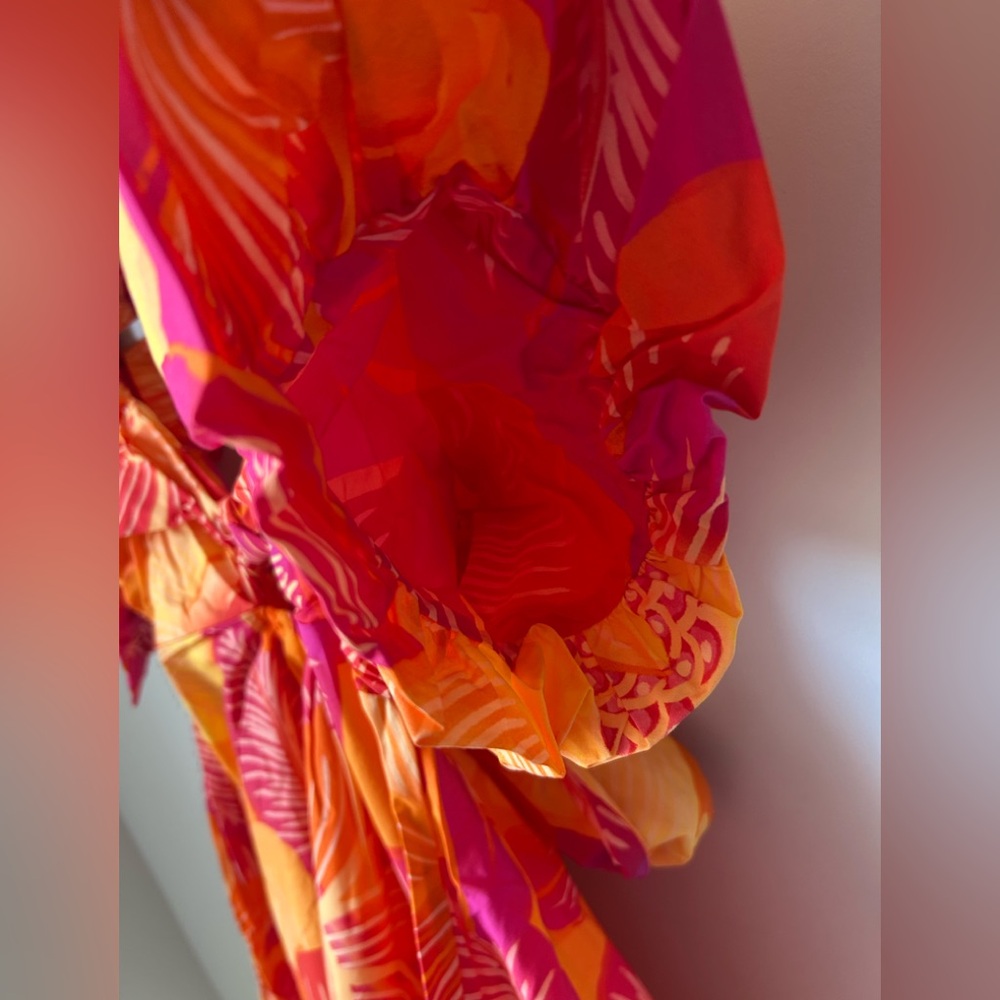 Farm Rio Orange pink floral Puff Sleeve Off the Shoulder mini Dress - Picture 3 of 8
